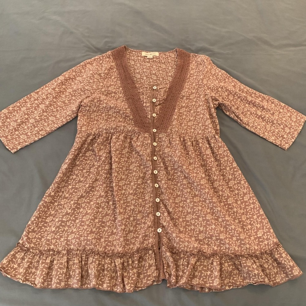 April Cornell Dress Womens M Pink Floral Button Front Ruffle Hem Boho Fit Flare